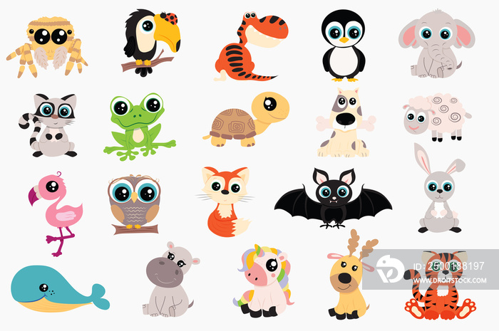 Cute animals set in flat cartoon design. Bundle of spider, toucan, dinosaur, penguin, elephant, cat, frog, turtle, dog, sheep, flamingo, owl, fox, bat and other. Illustration isolated elements