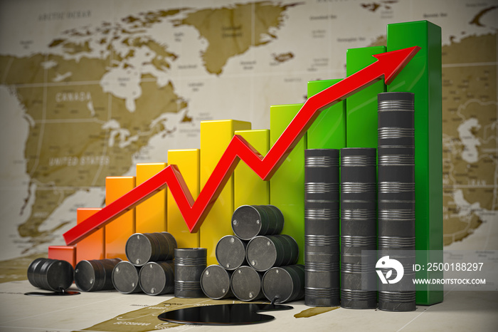 Oil barrels and growth graph on world map background. Oil price or production increase concept. Growth of oil and petroleum ndustry.