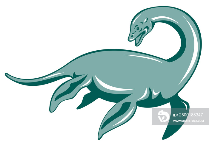 Illustration of a loch ness monster done in retro style.