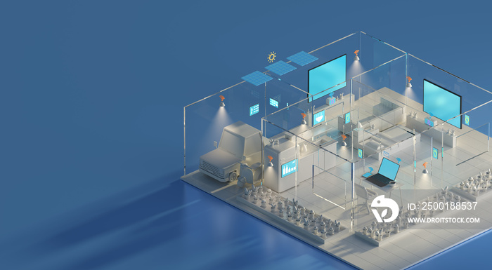 home technology system idea concept. ecological network control house function. lighting electric energy connection. future smart innovation design. automatic remote. information app. 3d illustrator