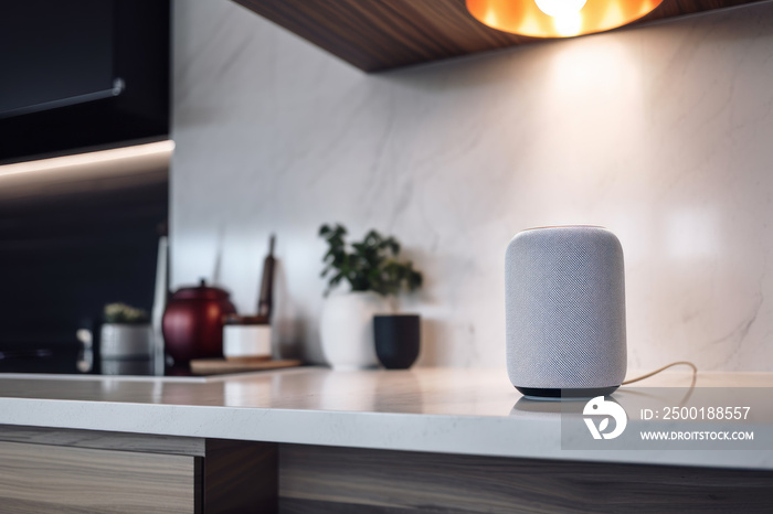 Smart speaker, virtual assistant with AI voice recognition, on a kitchen counter