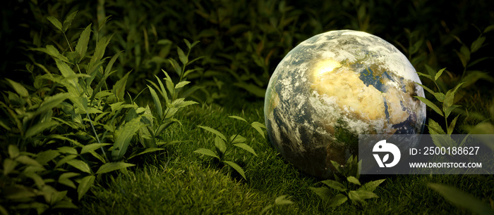 Environmental Ecology Sustainability and Earth Day Concept. Planet Earth on green grass cinematic scene banner background. 3D render