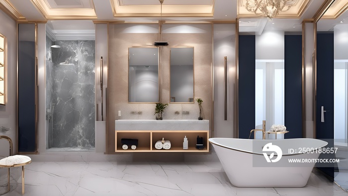 Photo of a modern bathroom with a luxurious bathtub, stylish sink, and elegant mirror