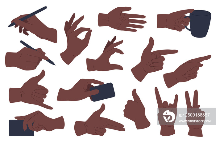 Hands gestures set graphic elements in flat design. Bundle of African American hands writing, holding cup, pointing, showing ok, like, rock, victory and other. Illustration isolated objects