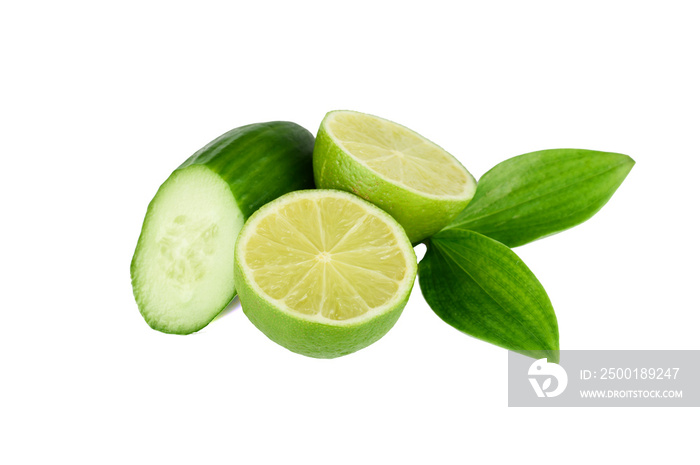 Fresh cucumber and lime isolated on white background