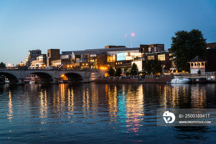 Kingston Bridge and riverside at night, Kingston upon Thames, Surrey, England, UK