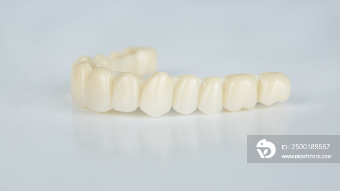 resin upper jaw prosthesis on white background