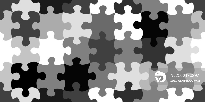 Seamless jigsaw puzzle pieces urban camouflage background pattern in black and white greyscale monochrome. Creative problem solving or business teamwork concept wallpaper texture. 3D rendering. .