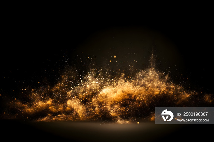 An abstract image of golden powder splash with a bokeh background of small reflective objects, creating a dreamy and ethereal atmosphere.