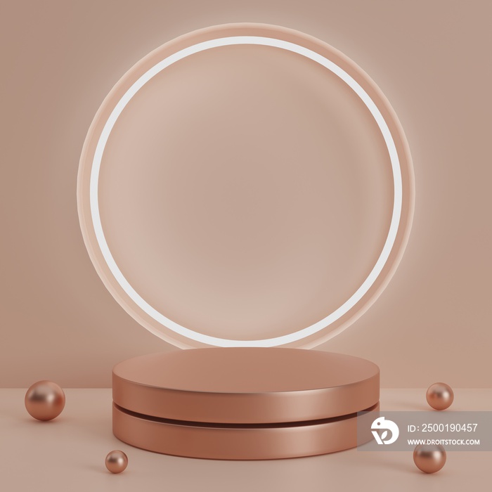 3d render luxury round podium with circle light glowing on rose gold background for product presentation