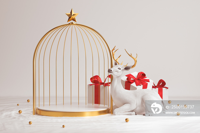 Winter Christmas background with Gold deer, Christmas Decoration Stand, podium, pedestal for product presentation