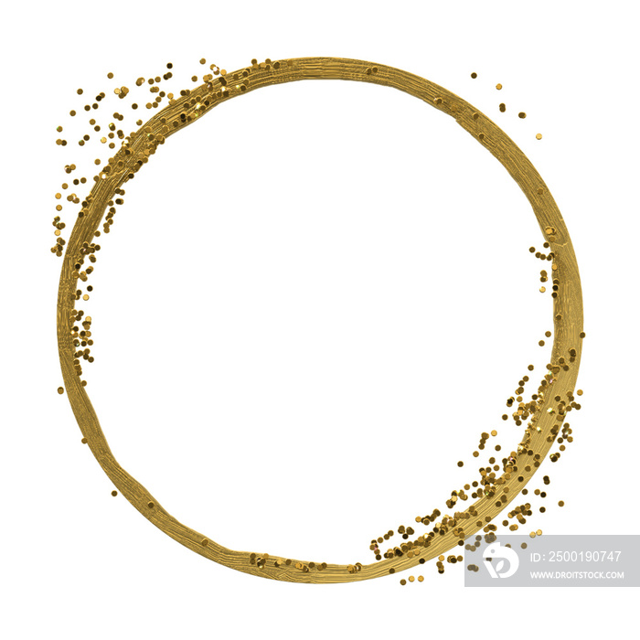 Gold glitter textured decorative frame, isolated stationary circular metallic decorative  for a wide range of projects. Abstract gilded glitter sparkling for embellishment.