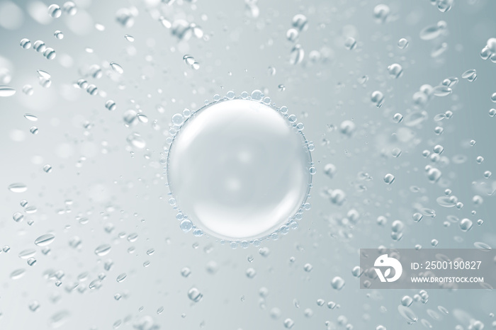 cosmetic moisturizer water molecule, Cosmetic Essence, Liquid bubble, Molecule inside Liquid Bubble on water background, 3d rendering