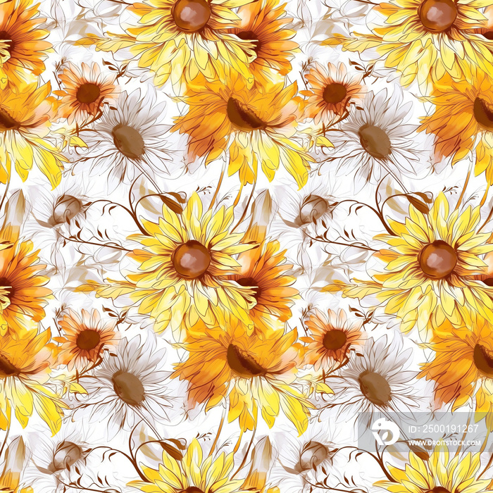 Sunflower- Seamless Watercolor Pattern Flowers - perfect for wrappers, wallpapers, wedding invitations, romantic events.