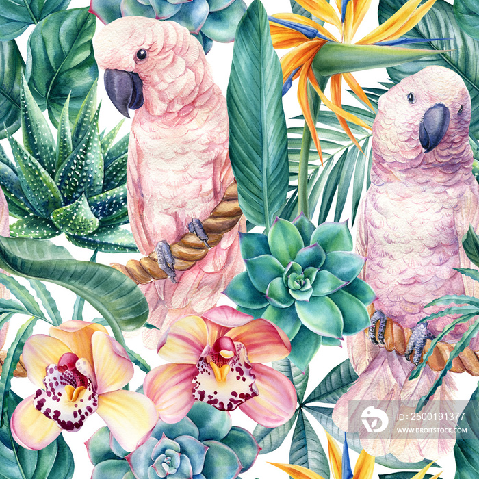 Tropical leaves, flowers and pink cockatoo parrots, jungle background, watercolor painting. Seamless pattern