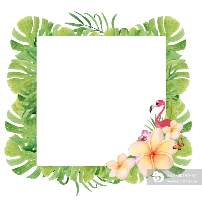 Exotic flowers, plumeria, hibiscus  with tropical leaves watercolor painting frame isolated on white background. Hawaiian party invitation. Green leaf  border frame.