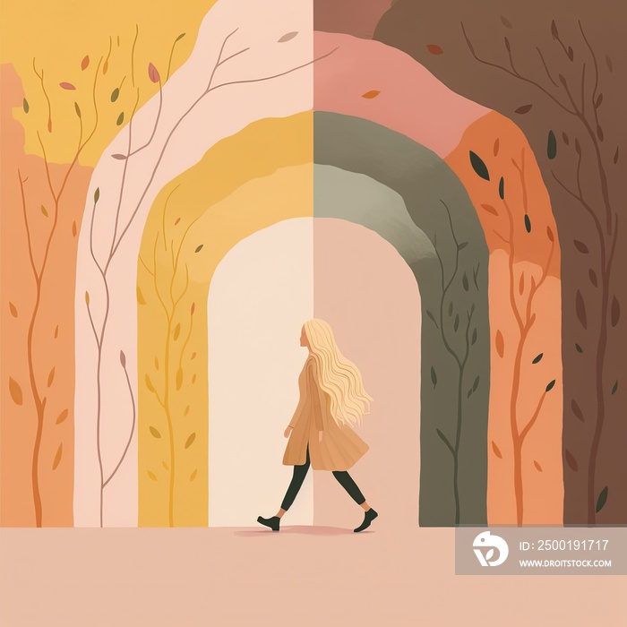 minimalist design woman with long blonde wavy hair from behind with no face walking down a road with a large muted boho rainbow AI assisted finalized in Photoshop by me