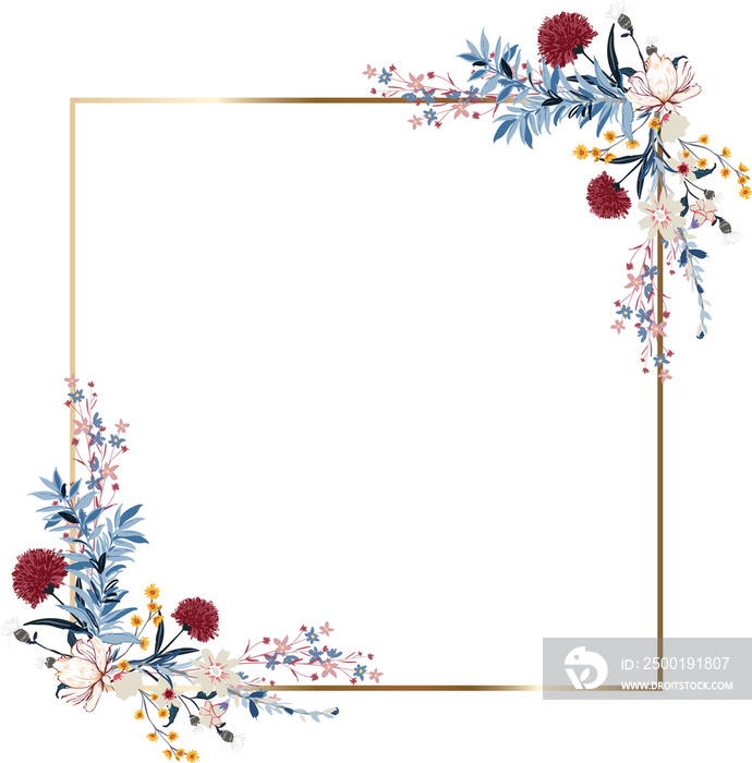 Blooming florals wreath with leaves and  flowers frame illustration