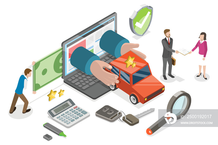 3D Isometric Flat  Conceptual Illustration of Online Car Purchase