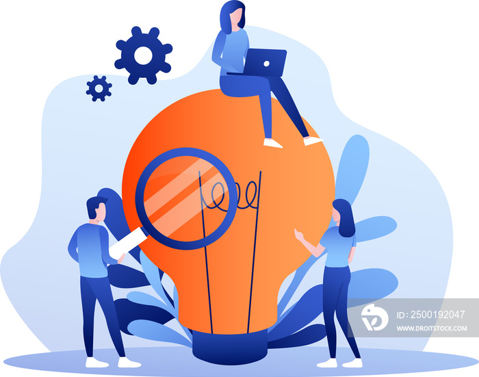 Creative idea, working process of business people team. Man and woman characters standing, working with laptop near light bulb. Teamwork. PNG image