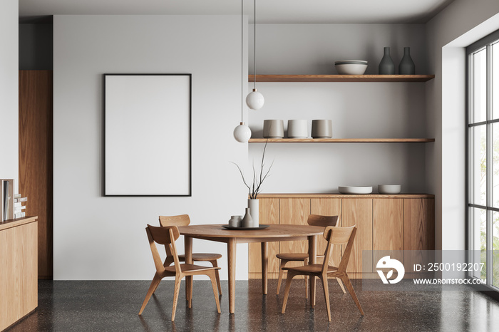 White living room interior eating table and shelf with window, mockup frame