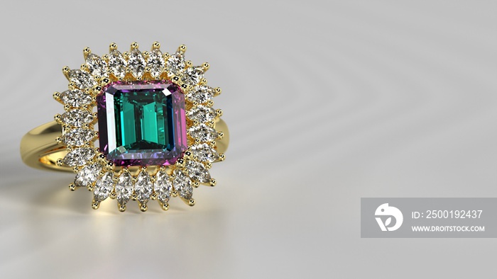 alexandrite emerald cut stone halo ring 3d render in yellow gold metal