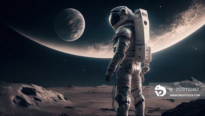 Space astronaut standing on a planet near the moon, futuristic background, cosmonaut