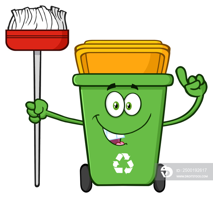 Talking Green Recycle Bin Cartoon Mascot Character Pointing To A Open Lid. Hand Drawn Illustration Isolated On Transparent Background