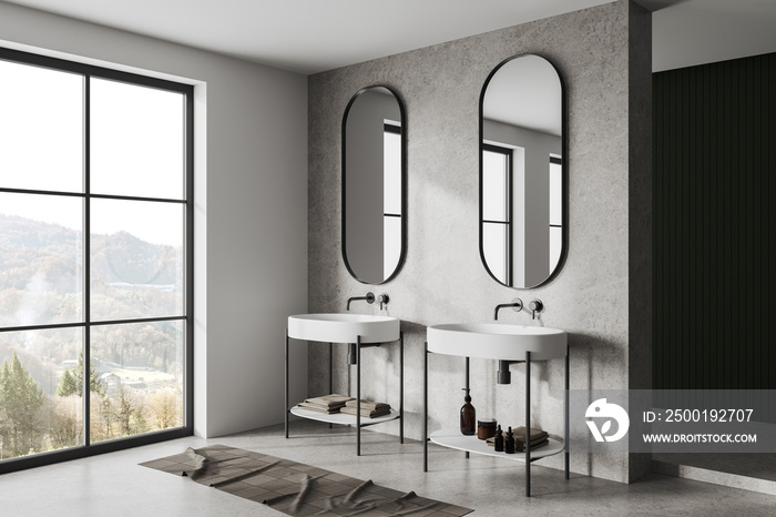 White and concrete bathroom corner with double sink