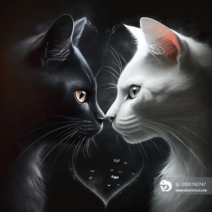 The love between black cat and white cat