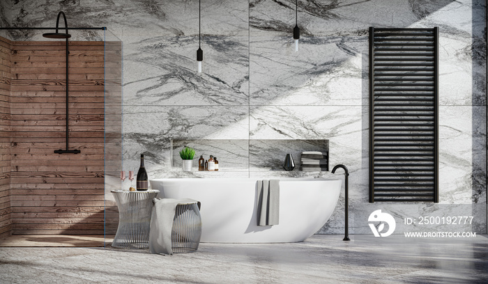 Luxurious bathroom finished with marble and wood, free-standing bathtub