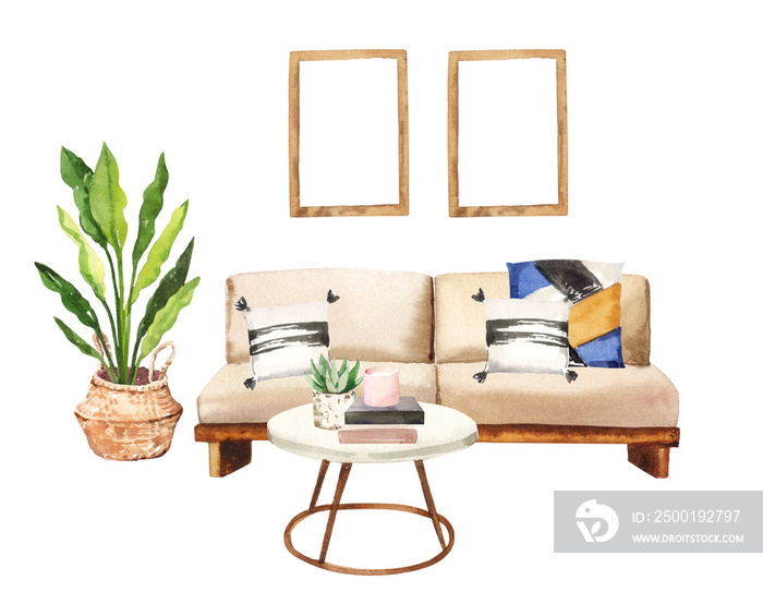 Watercolour hand painted home living room interior furniture illustration isolated on white background. Hand drawn contemporary interior clip art