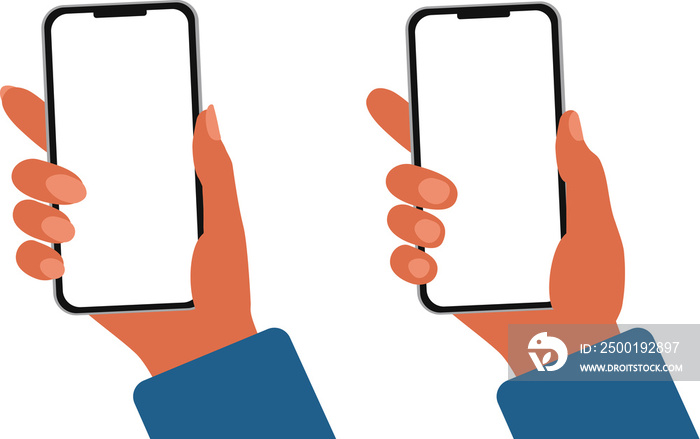 woman’s and man’s hands holding a smartphone with a white screen, to be used for different purposes