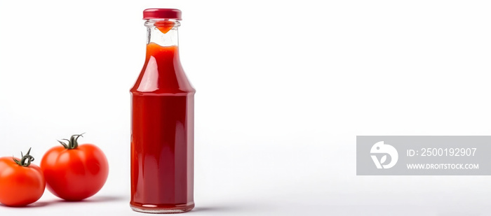 Tomato juice in a glass bottle on a white background with copy space