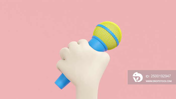 3D illusrtation of cute left hand holds microphone isolated on pink background with cartoon style. Clipping path.