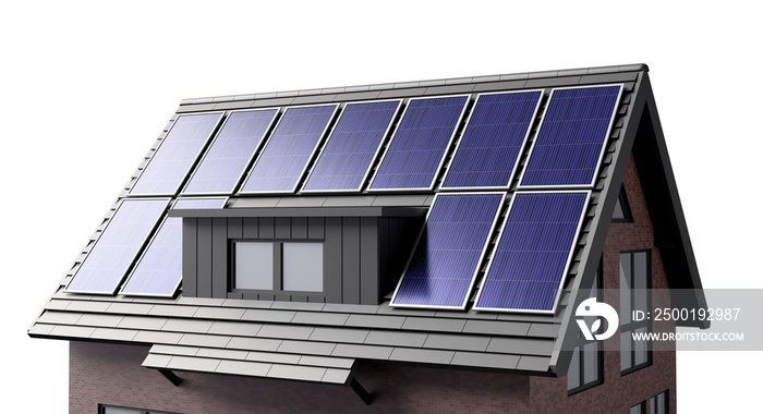 concept of solar panel energy on roof house isolated on white background. photovoltaic solar panel energy on house roof. 3d render illustration. photovoltaic, solar panel, roof house