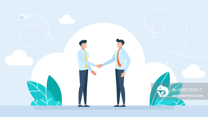 Two businessmen shaking hands. Businessmen first meeting greeting with firm handshake. Business deal contract agreement support cooperation management new job concept. Flat style. Illustration