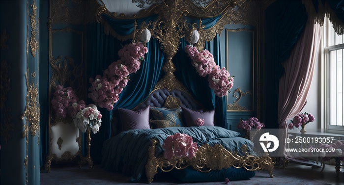 Photo of a luxurious bedroom with a beautiful canopy bed and vibrant pink flowers