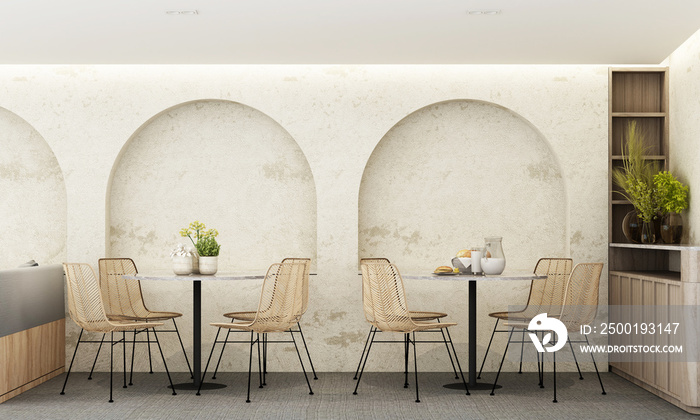 Design work in cafes and restaurants in modern contemporary style Choose wood materials and bare cement. In a curved arc wall surrounded by potted plants. on the gray carpet floor. 3d rendering