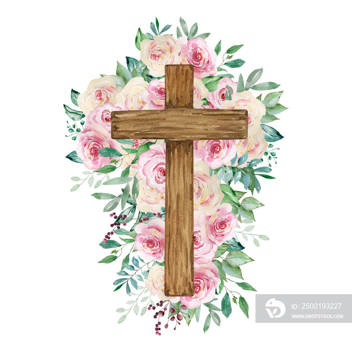 Watercolor cross decorated with roses, Easter religious symbol