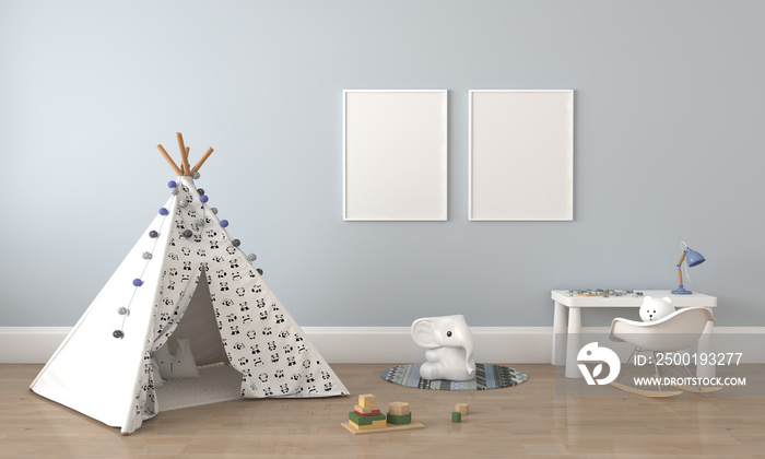 3D rendering of the interior of a modern kids bedroom with a teepee tent and empty frames