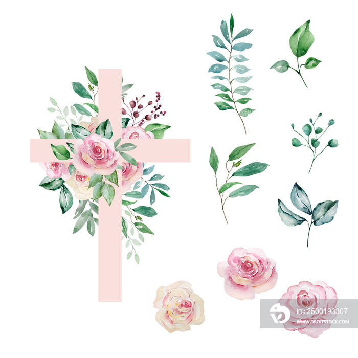 Watercolor crosses decorated with roses, Easter religious symbol