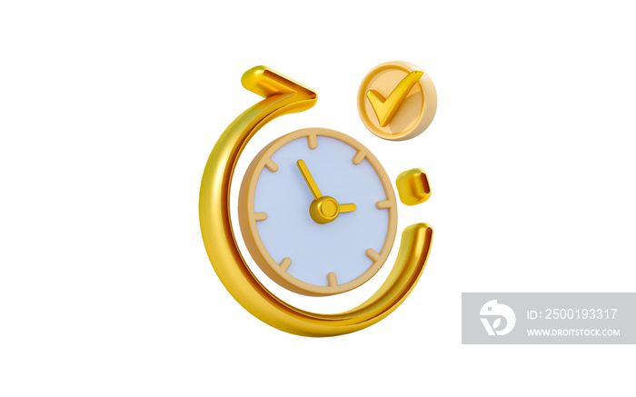 clock with rotation arrow check mark sign 3d render concept for time rewind history complete