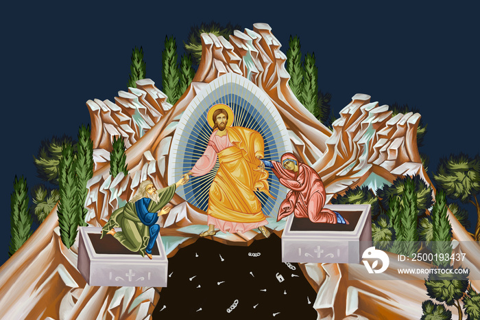 Resurrection of Jesus. Anastasis. Illustration in Byzantine style