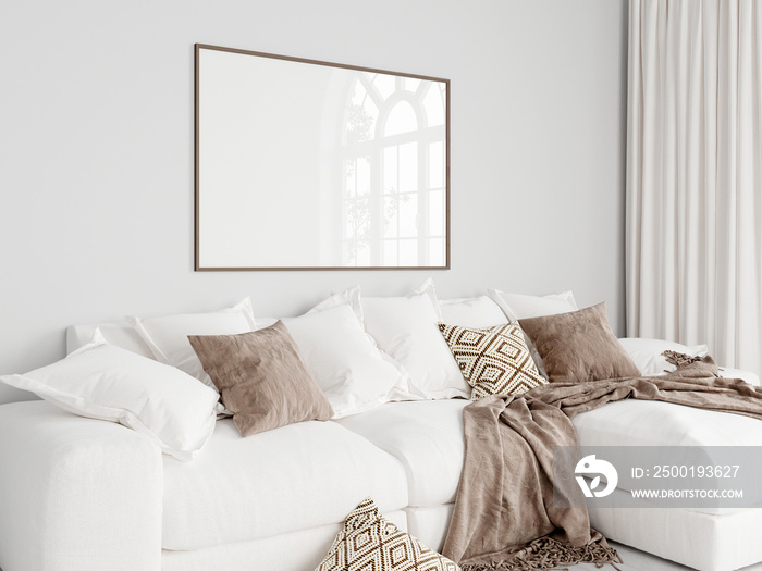 frame mockup, horizontal frame mockup in modern living room interior, 3d render