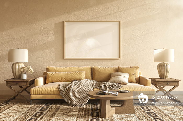 Boho scandi interior design living room. Mockup picture frame on empty wall. 3d render illustration Japandi style warm beige color.