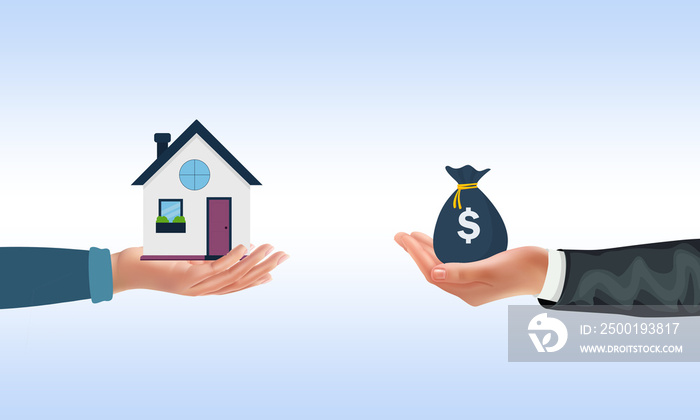 House Money Exchange with Hands Illustration. Business man holding Money and buying a home for Real Estate, Houses Flipping and Long Term Investment