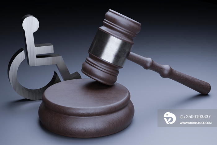 Disabled symbol and judge gavel on gray background. Law for disabled people rights concept. 3d illustration