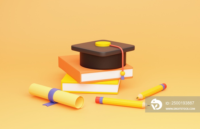 graduation cap on a pile of books, 2 pencils and graduation certificate orange background 3d illustration