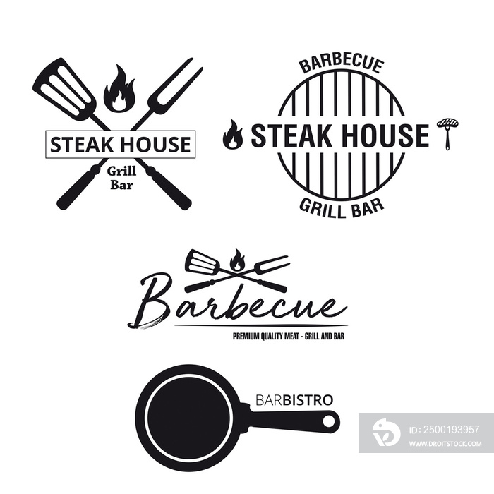 Juego de logotipos de barbacoa sobre un fondo blanco liso y aislado. Vista de frente y de cerca. Copy space